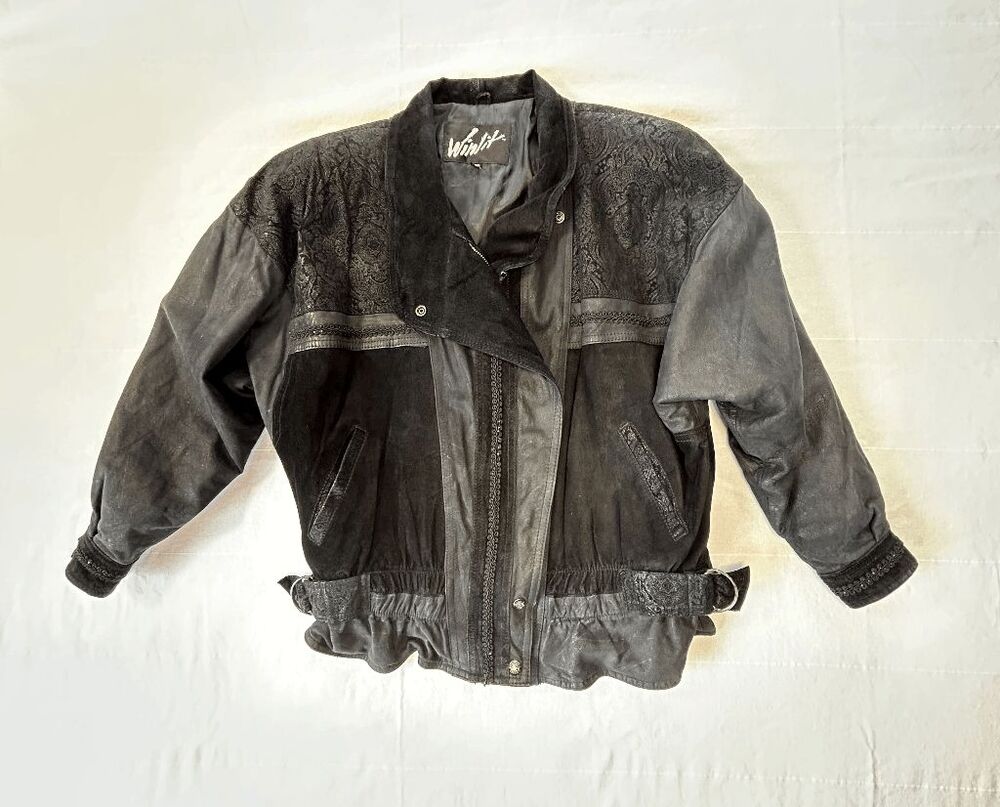 Vgt 1980's Winlet Black Suede/Leather Bomber Jacket Medium Embossing Braid Trim